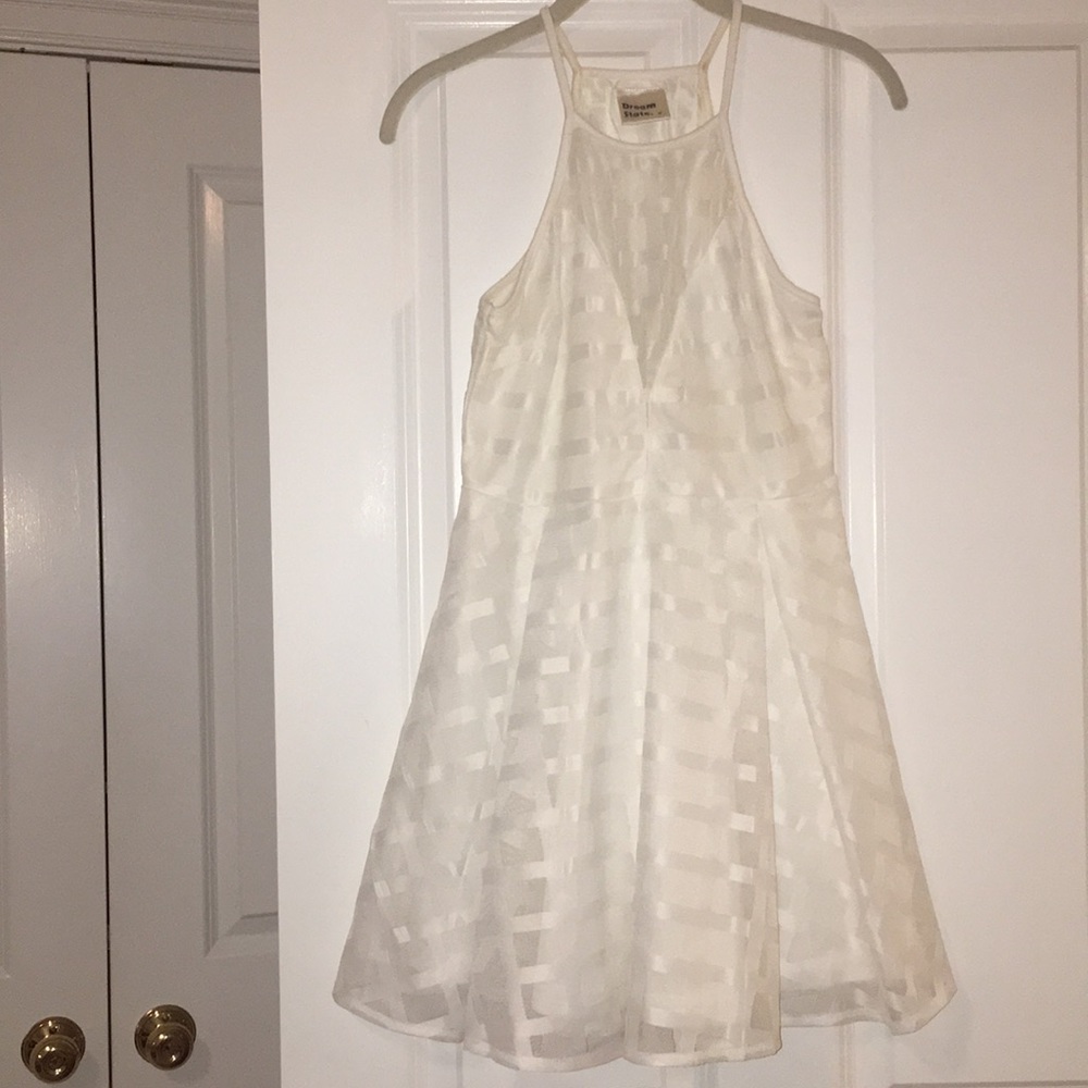 White mini skater dress with mesh